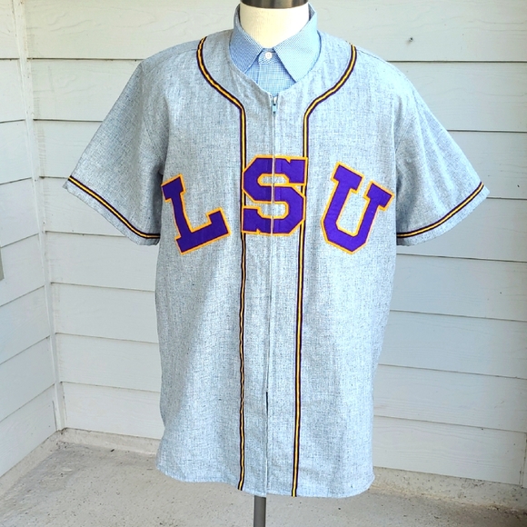 EBBETS FIELD FLANNELS Zip LSU Flannel Wool #8 Sz L Mens Baseball Jersey RARE NEW